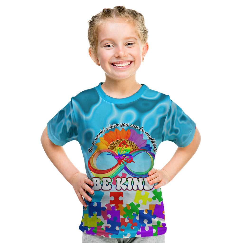 World Autism Awareness Day 2024 Kid T Shirt In A World Where You Can Be Anything Be Kind - Wonder Print Shop