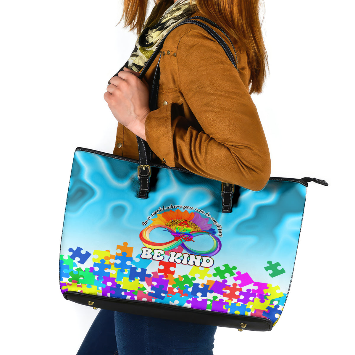 World Autism Awareness Day 2024 Leather Tote Bag In A World Where You Can Be Anything Be Kind - Wonder Print Shop
