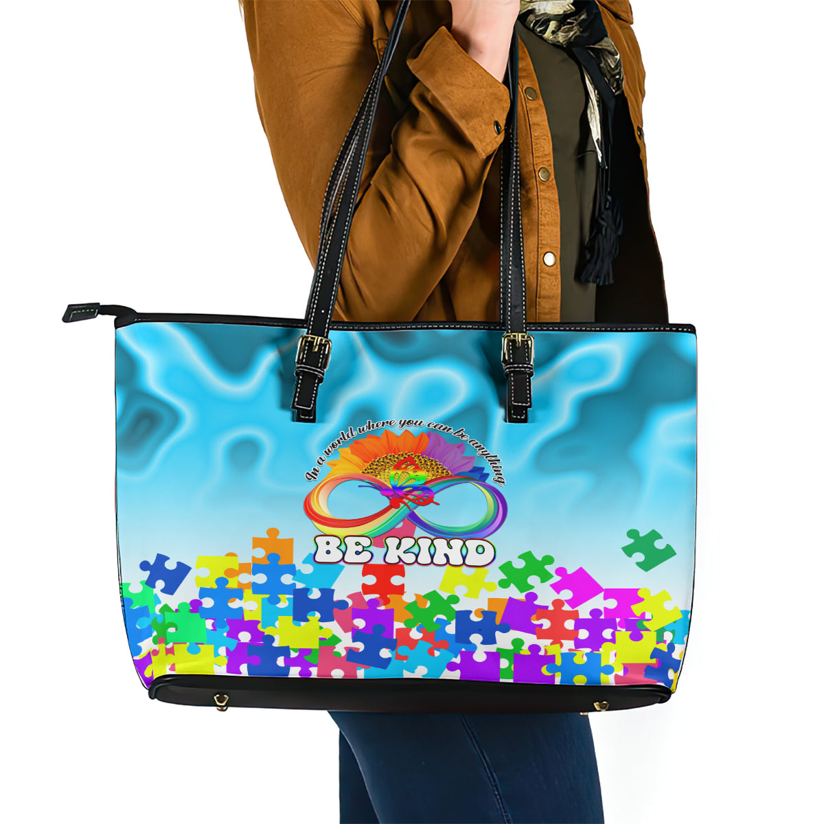 World Autism Awareness Day 2024 Leather Tote Bag In A World Where You Can Be Anything Be Kind - Wonder Print Shop