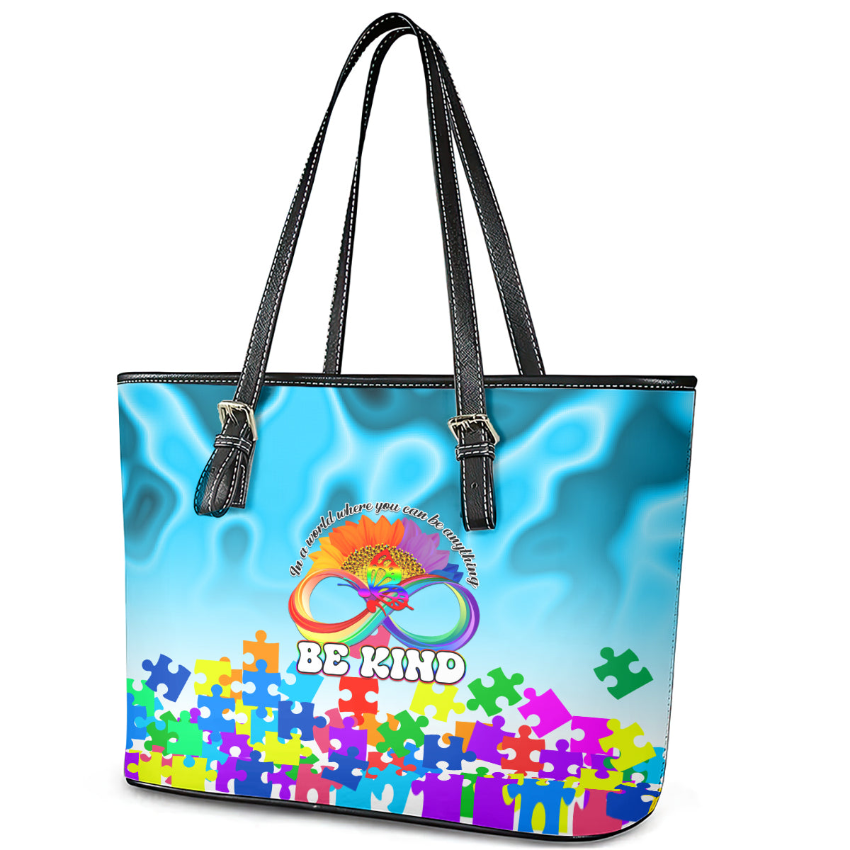 World Autism Awareness Day 2024 Leather Tote Bag In A World Where You Can Be Anything Be Kind - Wonder Print Shop