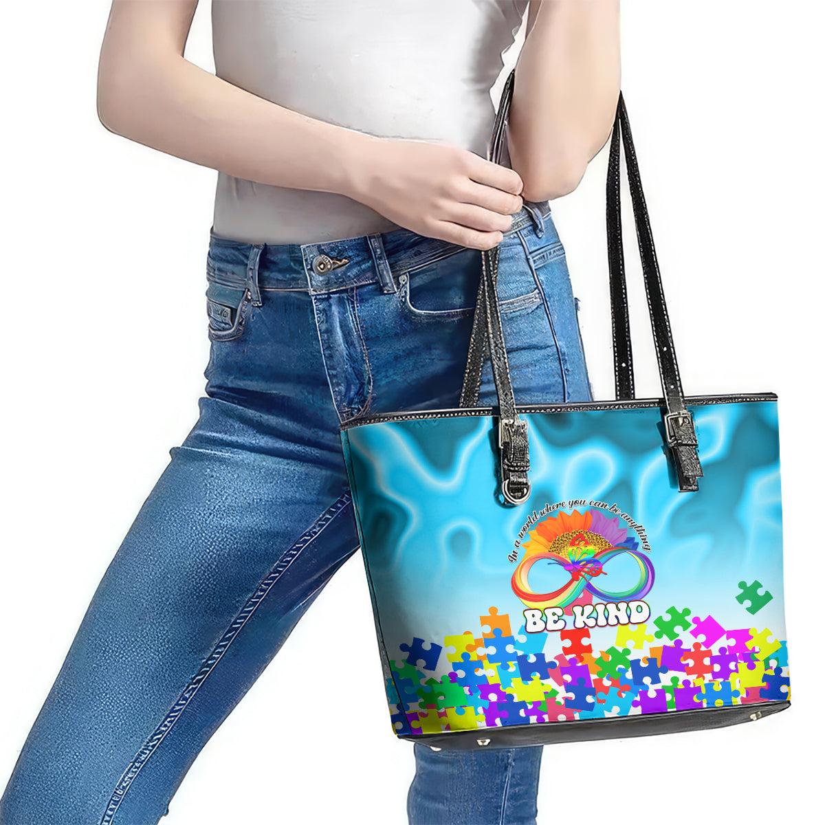 World Autism Awareness Day 2024 Leather Tote Bag In A World Where You Can Be Anything Be Kind - Wonder Print Shop