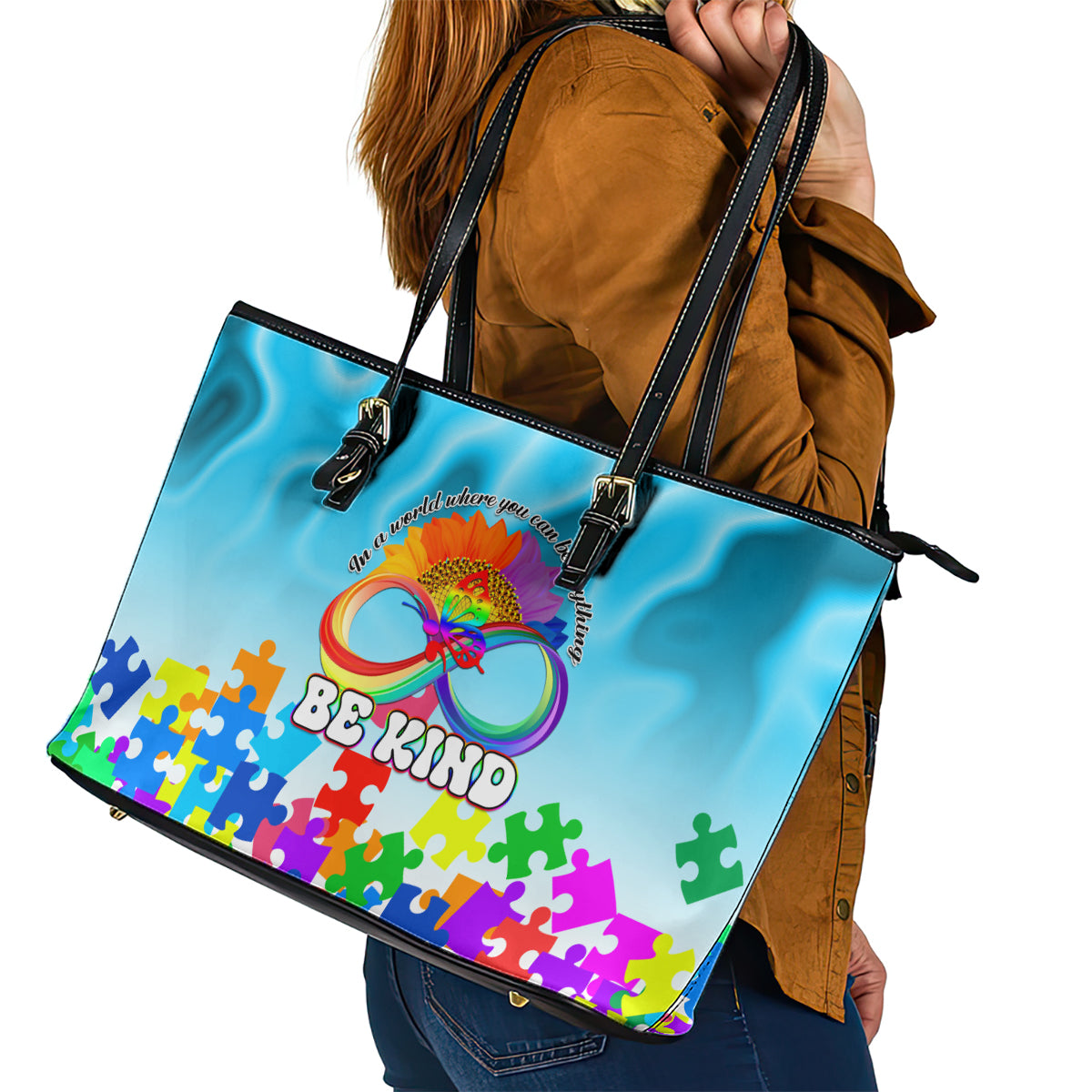 World Autism Awareness Day 2024 Leather Tote Bag In A World Where You Can Be Anything Be Kind - Wonder Print Shop