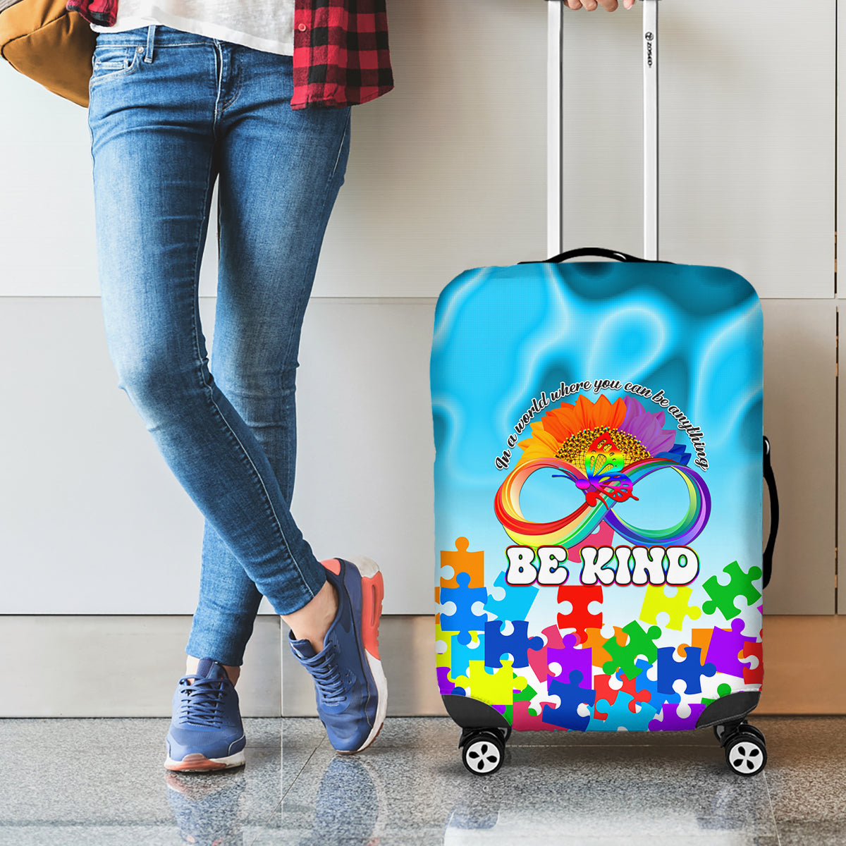 World Autism Awareness Day 2024 Luggage Cover In A World Where You Can Be Anything Be Kind - Wonder Print Shop