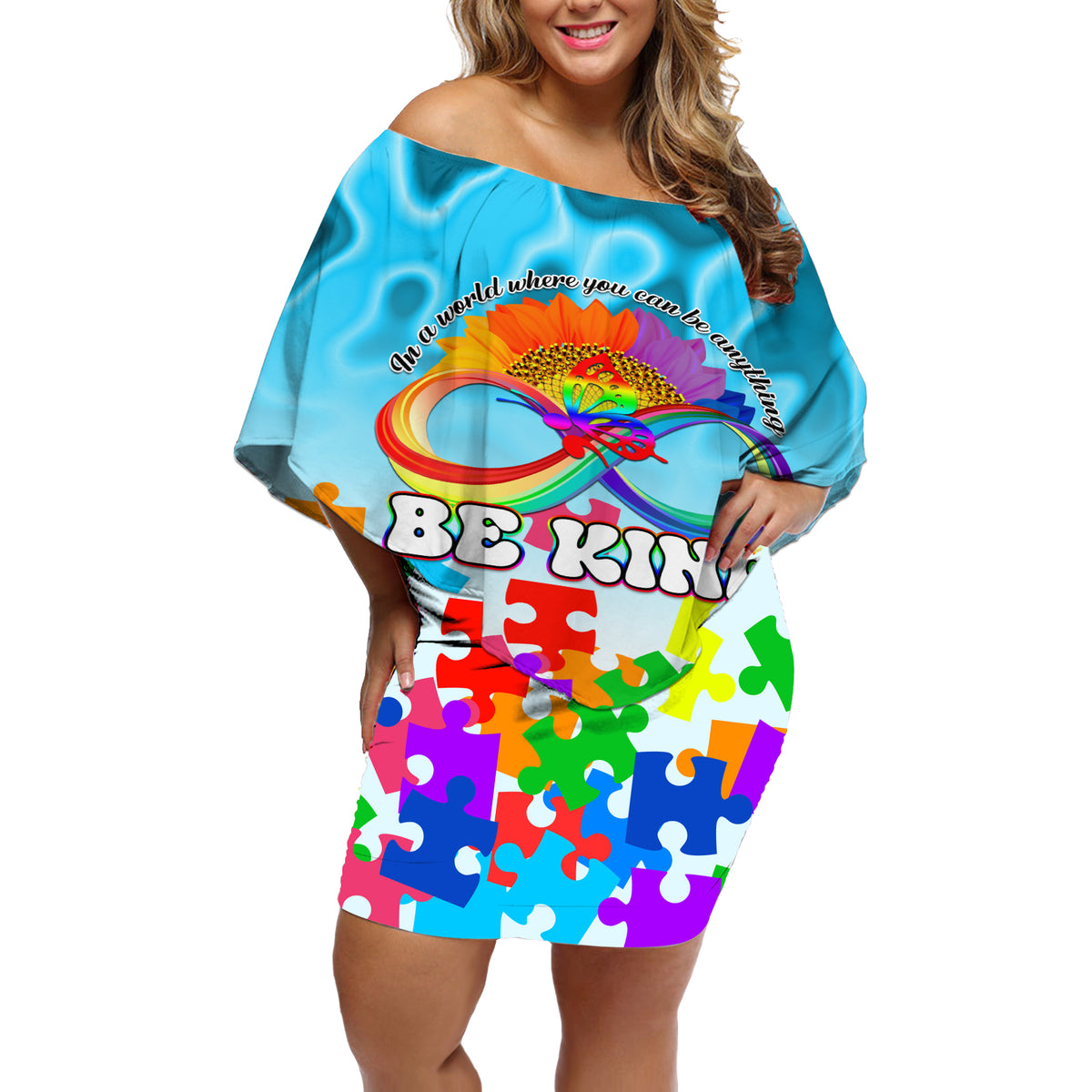 World Autism Awareness Day 2024 Off Shoulder Short Dress In A World Where You Can Be Anything Be Kind - Wonder Print Shop