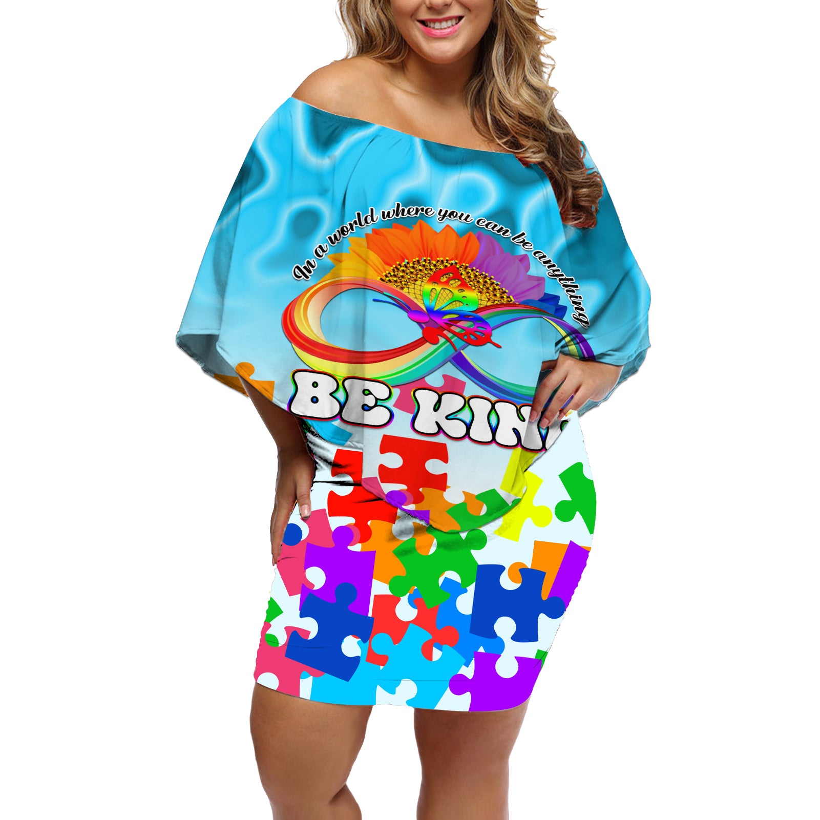 World Autism Awareness Day 2024 Off Shoulder Short Dress In A World Where You Can Be Anything Be Kind - Wonder Print Shop