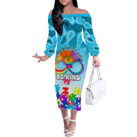 World Autism Awareness Day 2024 Off The Shoulder Long Sleeve Dress In A World Where You Can Be Anything Be Kind - Wonder Print Shop