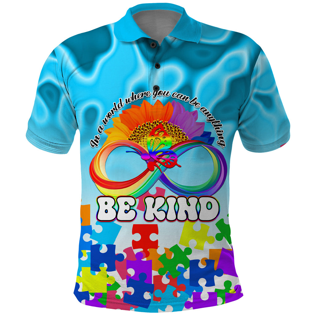 World Autism Awareness Day 2024 Polo Shirt In A World Where You Can Be Anything Be Kind - Wonder Print Shop