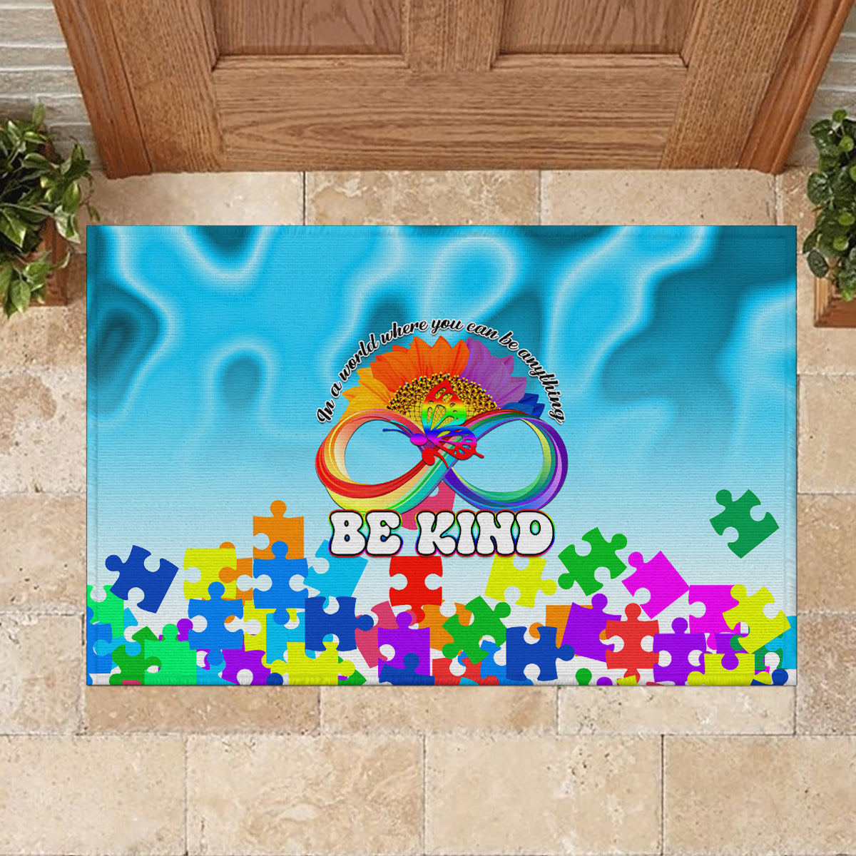 World Autism Awareness Day 2024 Rubber Doormat In A World Where You Can Be Anything Be Kind - Wonder Print Shop