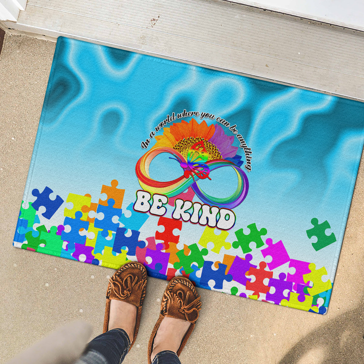 World Autism Awareness Day 2024 Rubber Doormat In A World Where You Can Be Anything Be Kind - Wonder Print Shop