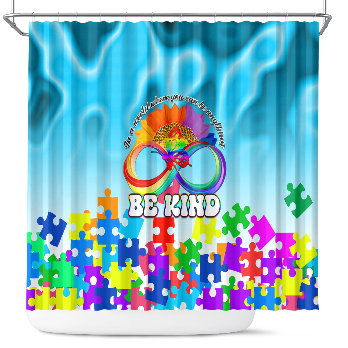 World Autism Awareness Day 2024 Shower Curtain In A World Where You Can Be Anything Be Kind