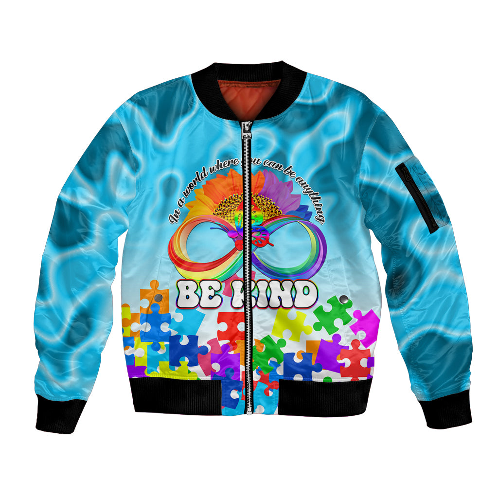 World Autism Awareness Day 2024 Sleeve Zip Bomber Jacket In A World Where You Can Be Anything Be Kind - Wonder Print Shop