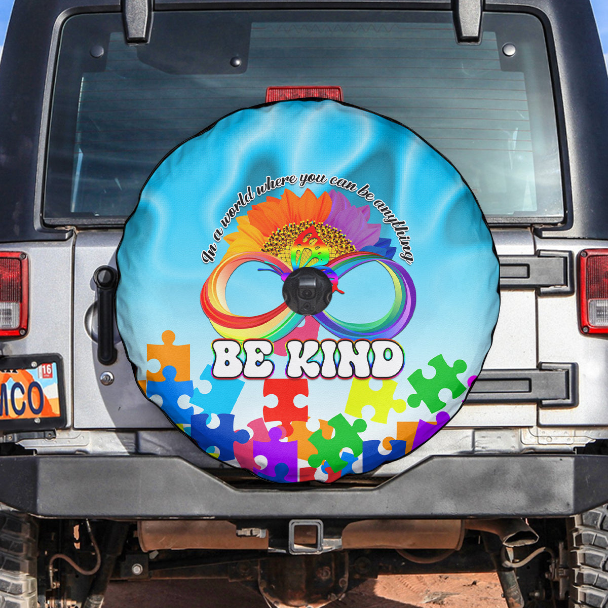 World Autism Awareness Day 2024 Spare Tire Cover In A World Where You Can Be Anything Be Kind - Wonder Print Shop