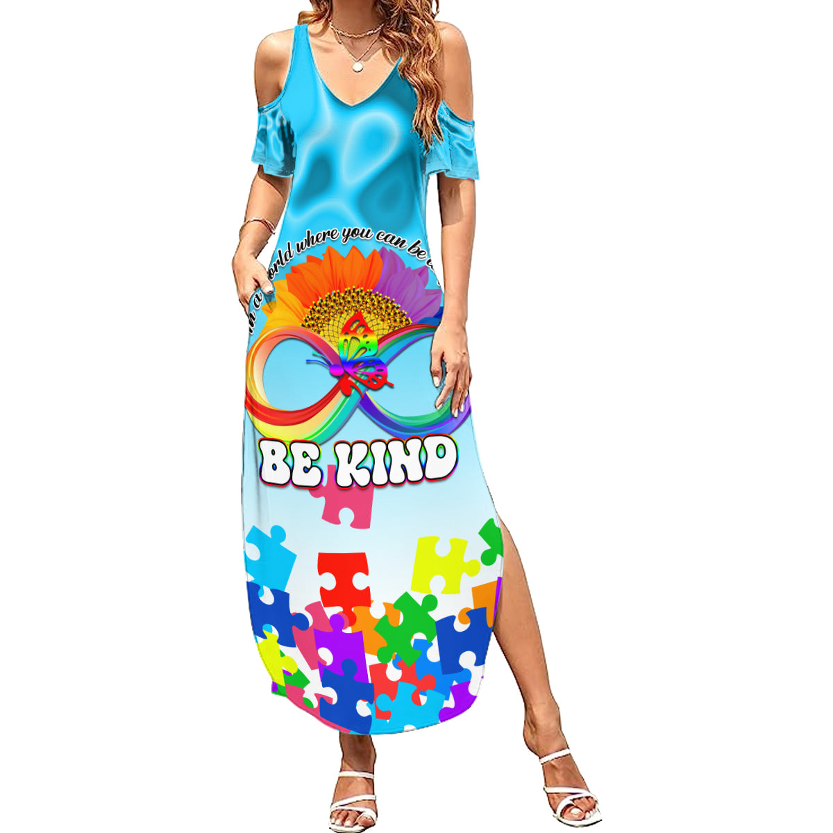 World Autism Awareness Day 2024 Summer Maxi Dress In A World Where You Can Be Anything Be Kind - Wonder Print Shop