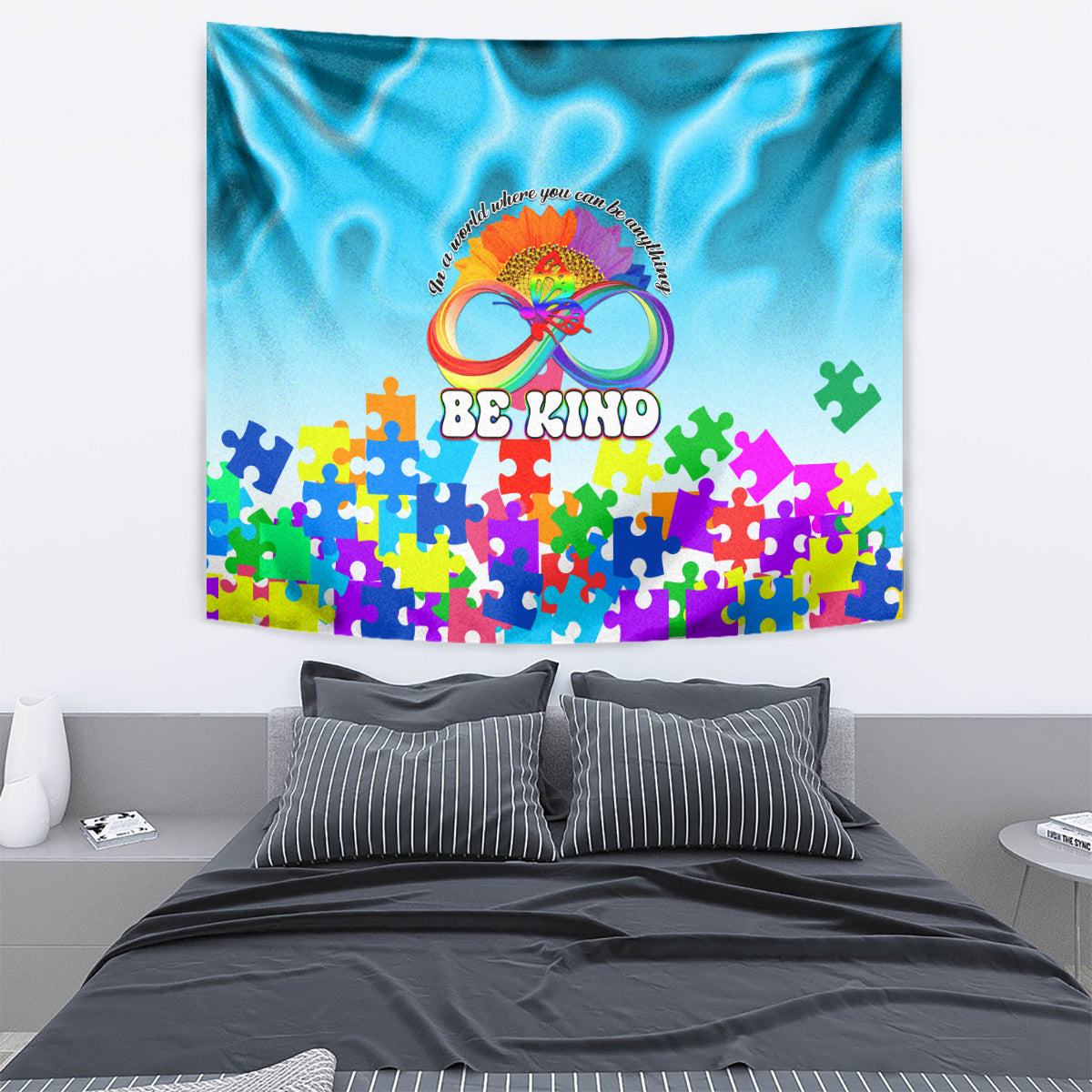 World Autism Awareness Day 2024 Tapestry In A World Where You Can Be Anything Be Kind - Wonder Print Shop