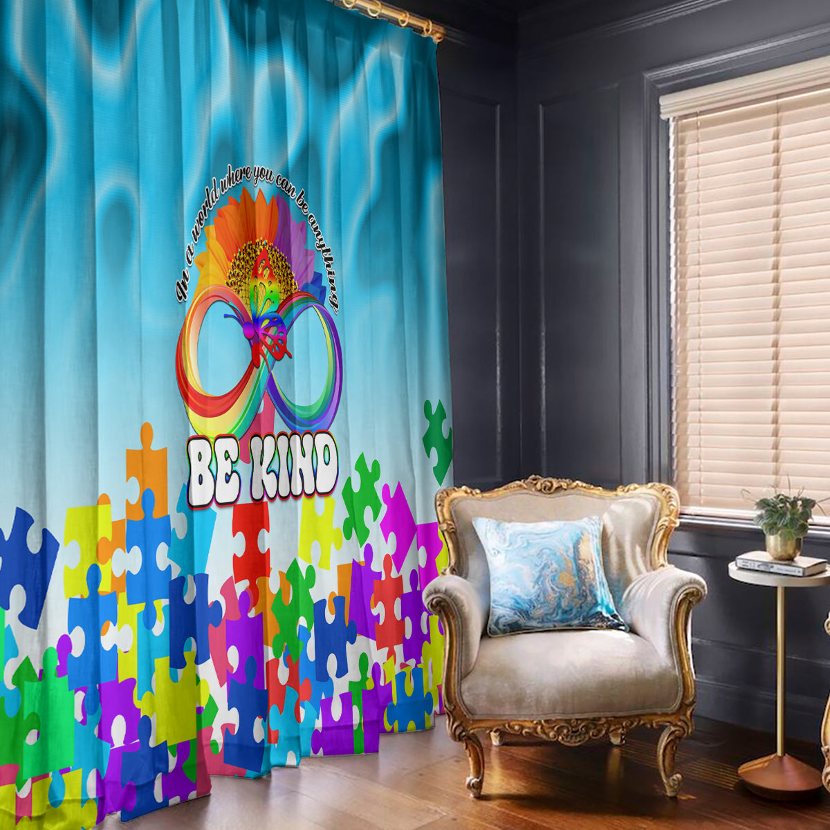 World Autism Awareness Day 2024 Window Curtain In A World Where You Can Be Anything Be Kind - Wonder Print Shop