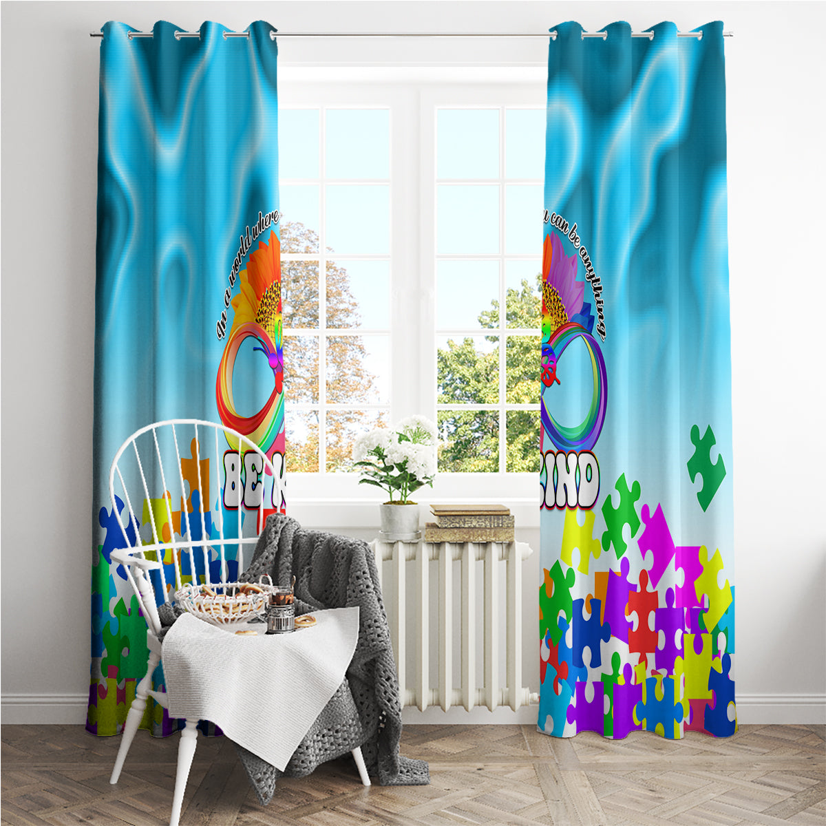 World Autism Awareness Day 2024 Window Curtain In A World Where You Can Be Anything Be Kind - Wonder Print Shop