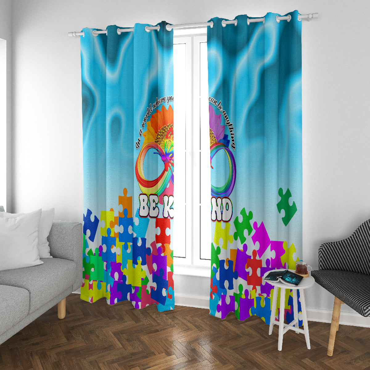 World Autism Awareness Day 2024 Window Curtain In A World Where You Can Be Anything Be Kind - Wonder Print Shop