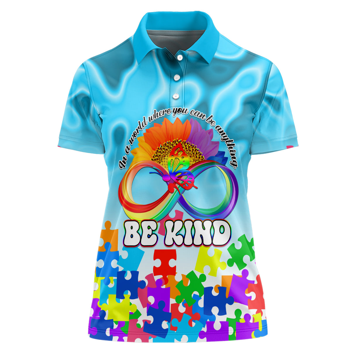 World Autism Awareness Day 2024 Women Polo Shirt In A World Where You Can Be Anything Be Kind - Wonder Print Shop