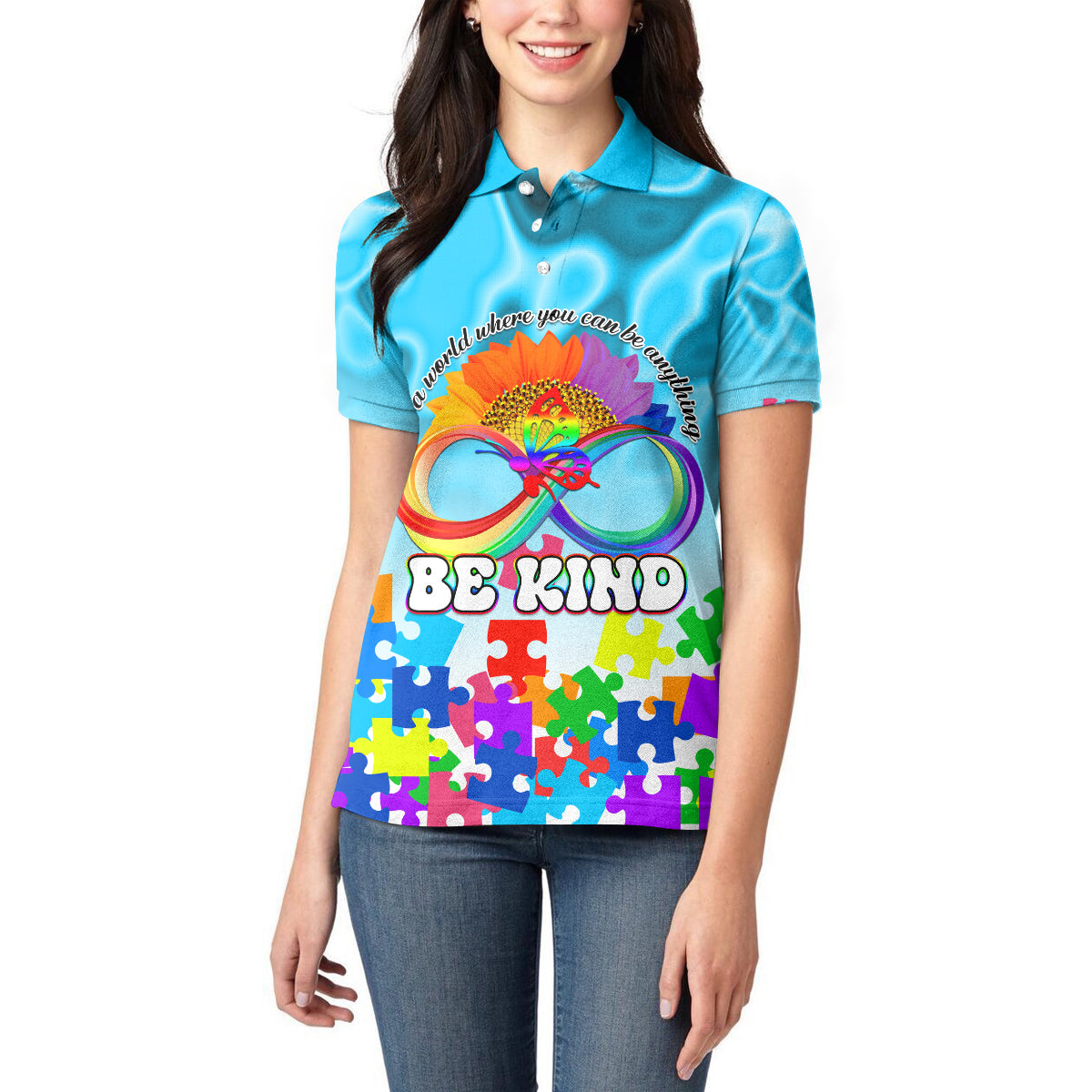 World Autism Awareness Day 2024 Women Polo Shirt In A World Where You Can Be Anything Be Kind - Wonder Print Shop