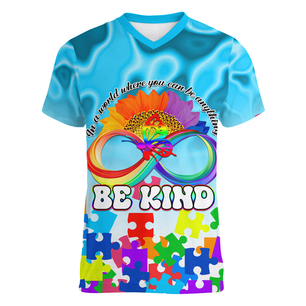 World Autism Awareness Day 2024 Women V Neck T Shirt In A World Where You Can Be Anything Be Kind - Wonder Print Shop