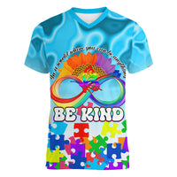 World Autism Awareness Day 2024 Women V Neck T Shirt In A World Where You Can Be Anything Be Kind - Wonder Print Shop