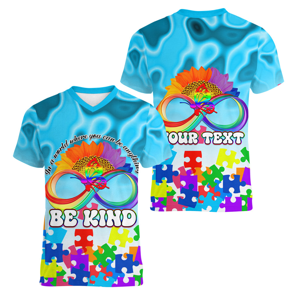 World Autism Awareness Day 2024 Women V Neck T Shirt In A World Where You Can Be Anything Be Kind - Wonder Print Shop