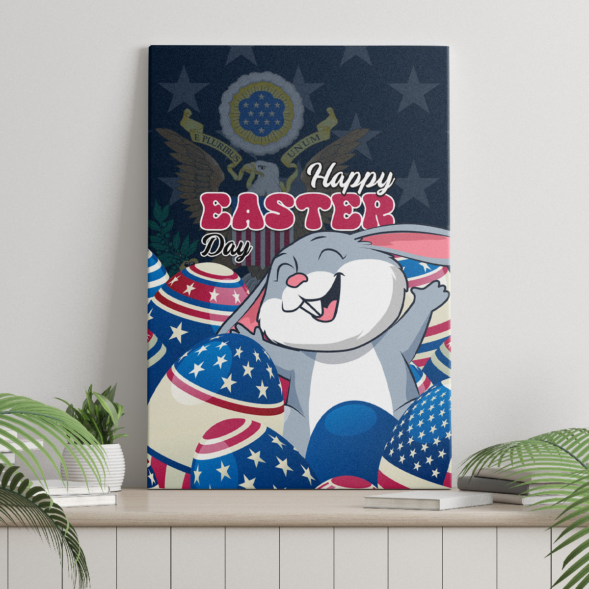 American Easter Day 2024 Canvas Wall Art Bunny With US Easter Eggs - Wonder Print Shop