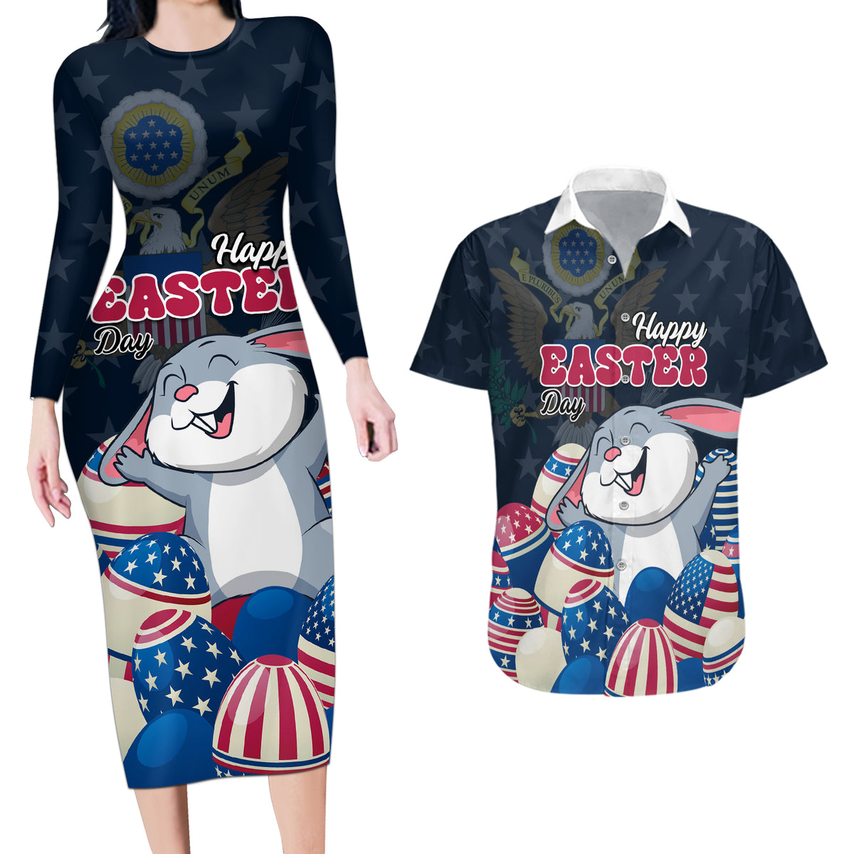 American Easter Day 2024 Couples Matching Long Sleeve Bodycon Dress and Hawaiian Shirt Bunny With US Easter Eggs - Wonder Print Shop