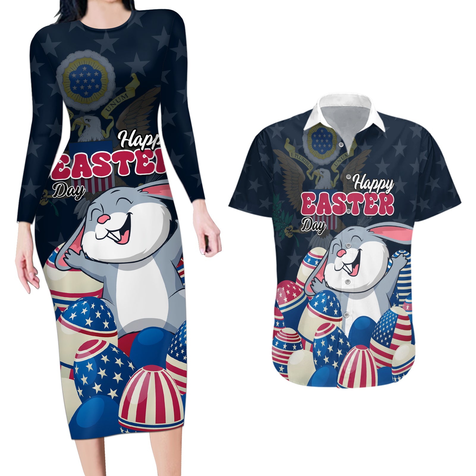 American Easter Day 2024 Couples Matching Long Sleeve Bodycon Dress and Hawaiian Shirt Bunny With US Easter Eggs - Wonder Print Shop