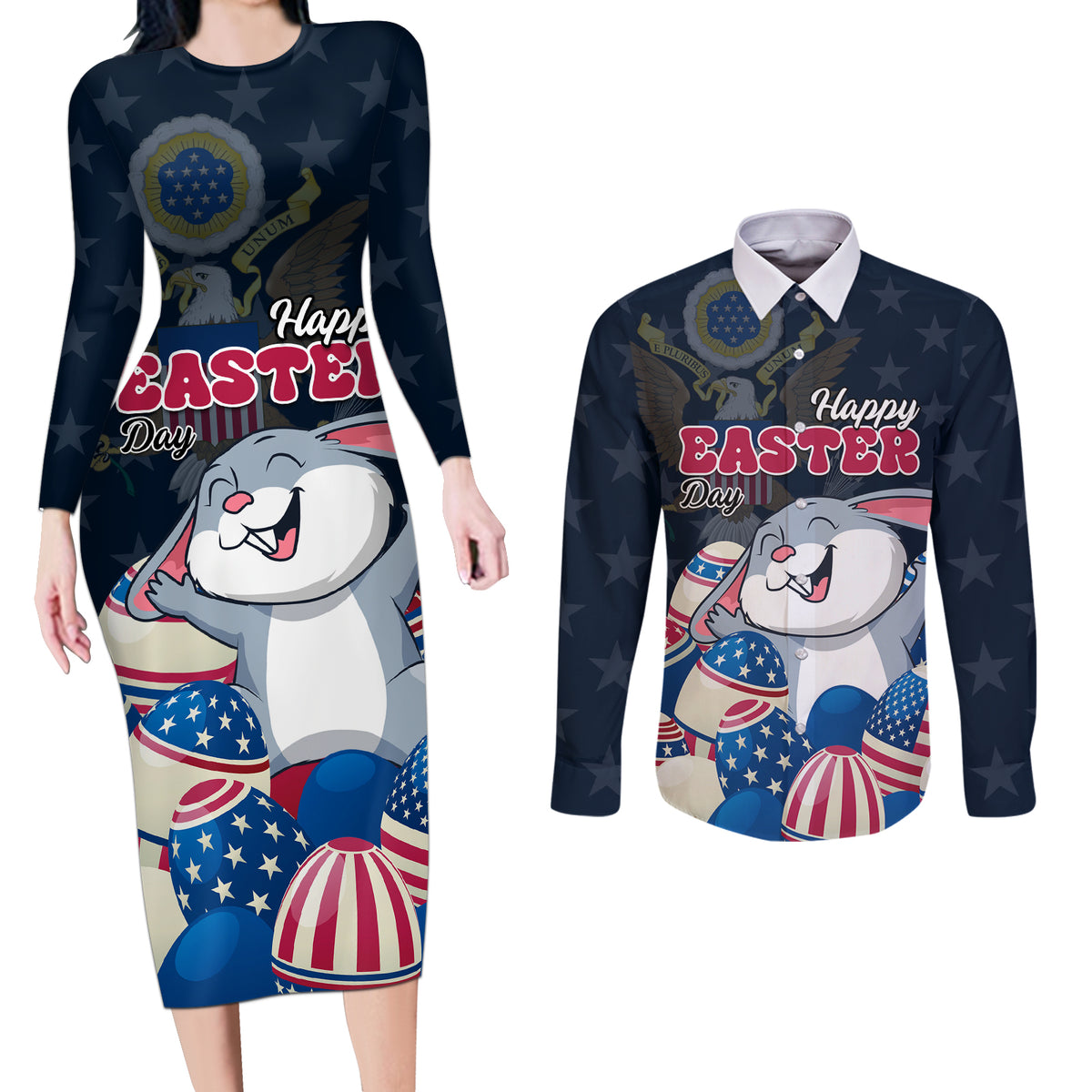 American Easter Day 2024 Couples Matching Long Sleeve Bodycon Dress and Long Sleeve Button Shirt Bunny With US Easter Eggs - Wonder Print Shop