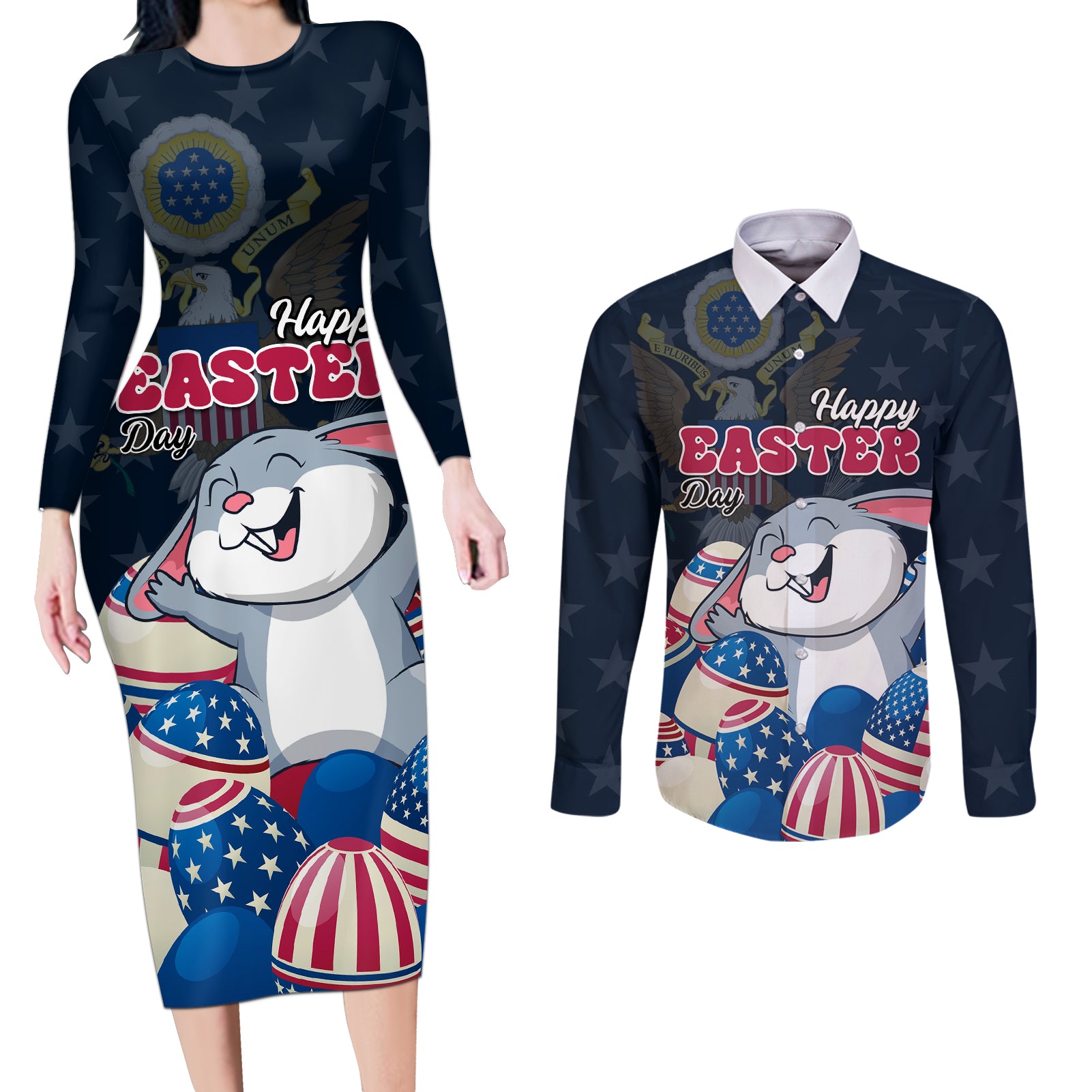 American Easter Day 2024 Couples Matching Long Sleeve Bodycon Dress and Long Sleeve Button Shirt Bunny With US Easter Eggs - Wonder Print Shop