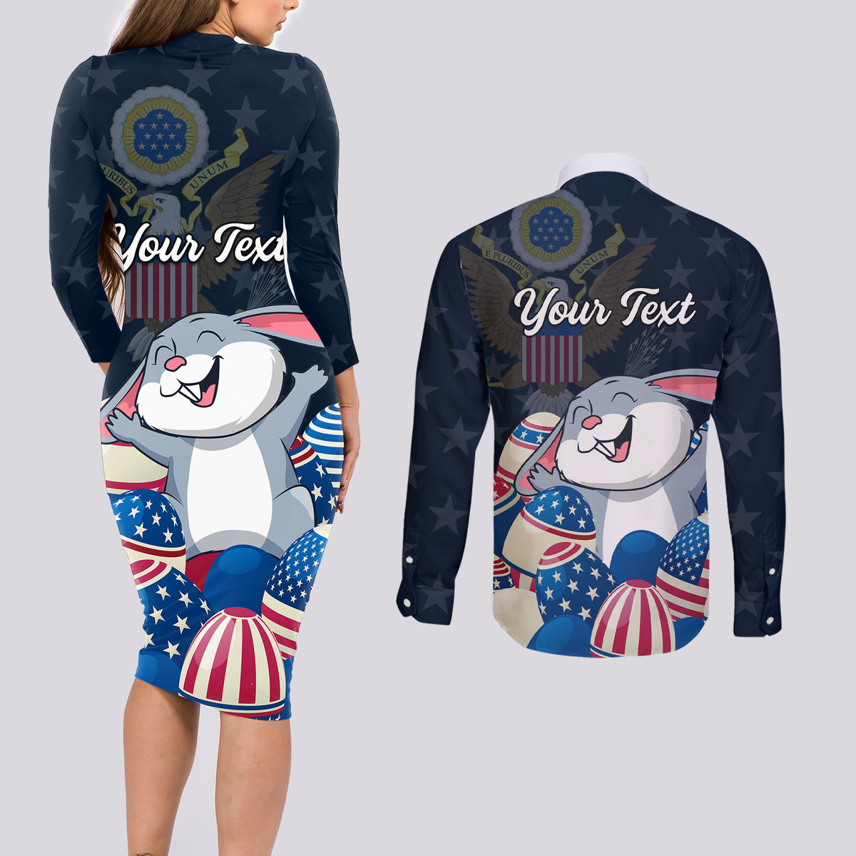 American Easter Day 2024 Couples Matching Long Sleeve Bodycon Dress and Long Sleeve Button Shirt Bunny With US Easter Eggs - Wonder Print Shop