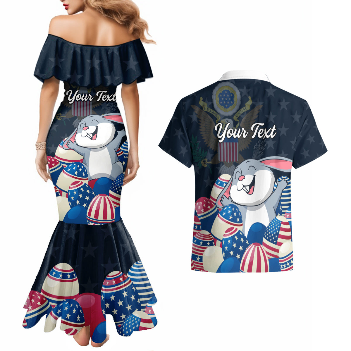American Easter Day 2024 Couples Matching Mermaid Dress and Hawaiian Shirt Bunny With US Easter Eggs - Wonder Print Shop