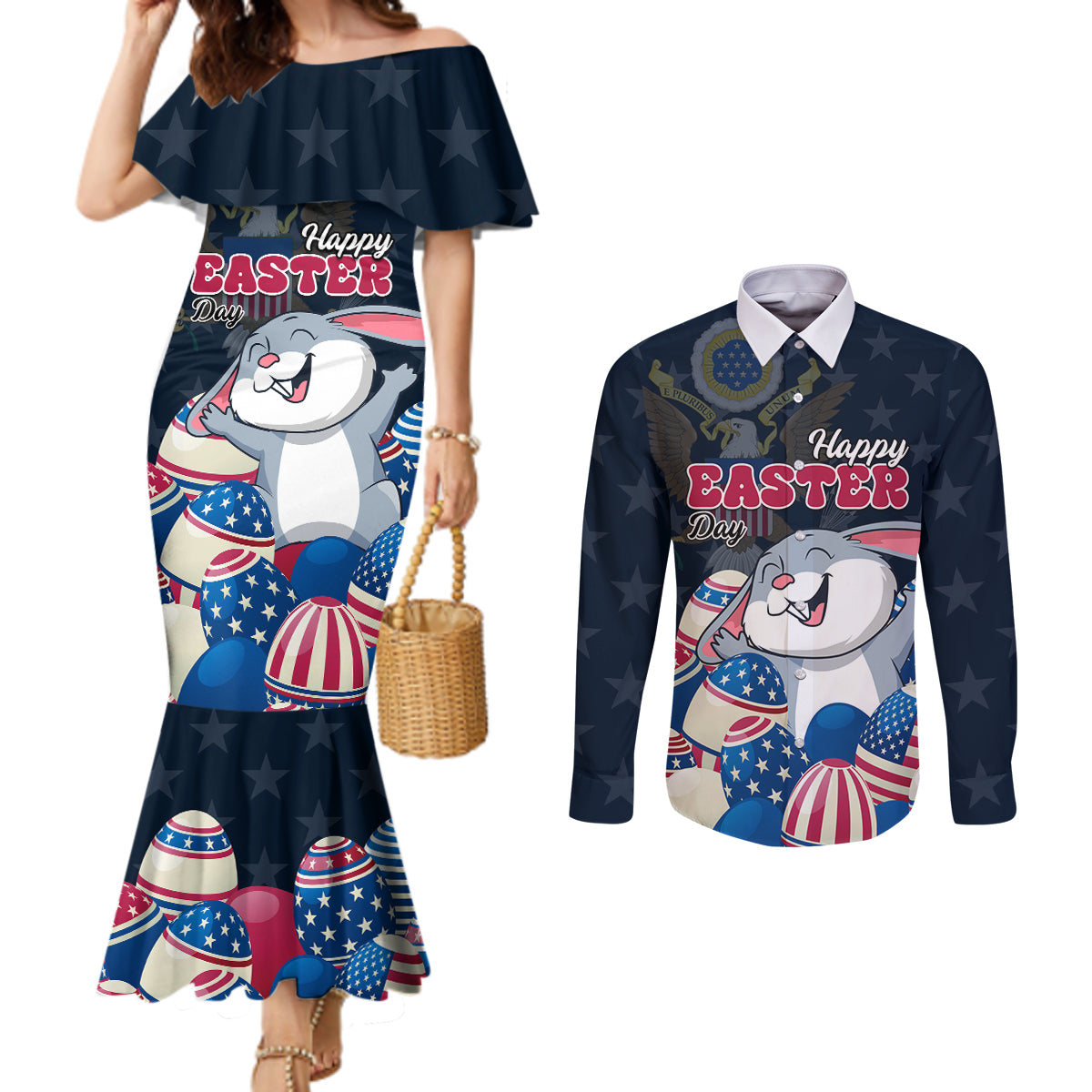 American Easter Day 2024 Couples Matching Mermaid Dress and Long Sleeve Button Shirt Bunny With US Easter Eggs