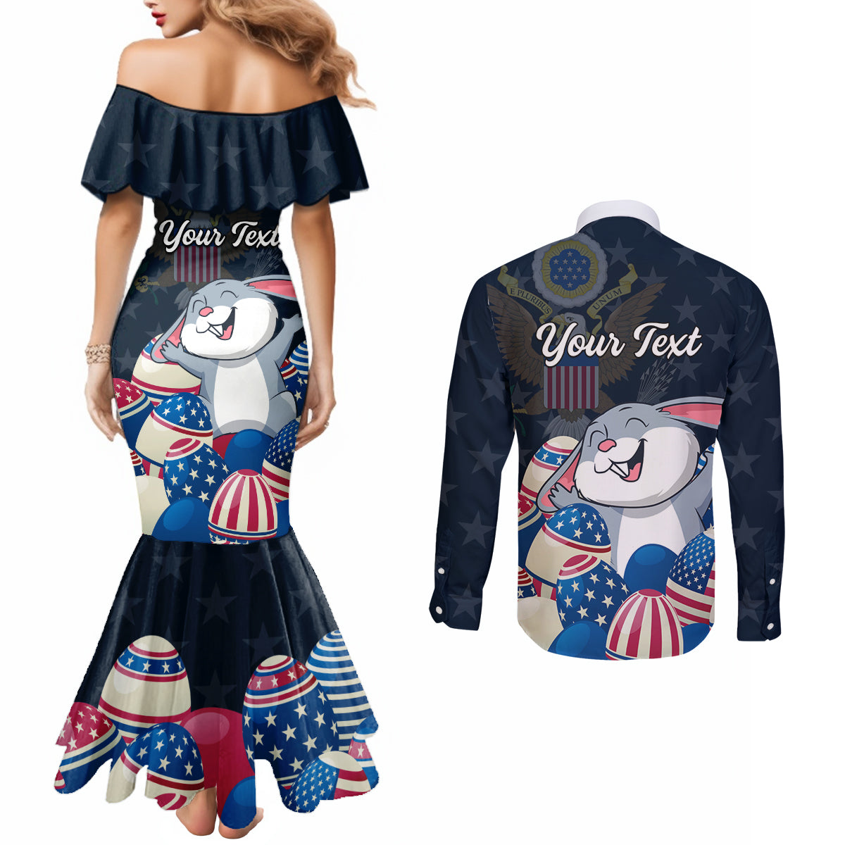 American Easter Day 2024 Couples Matching Mermaid Dress and Long Sleeve Button Shirt Bunny With US Easter Eggs
