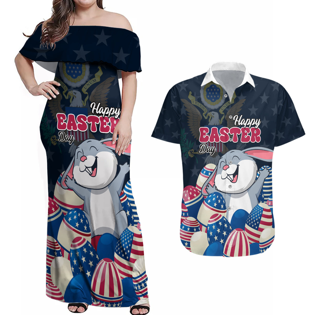 American Easter Day 2024 Couples Matching Off Shoulder Maxi Dress and Hawaiian Shirt Bunny With US Easter Eggs - Wonder Print Shop