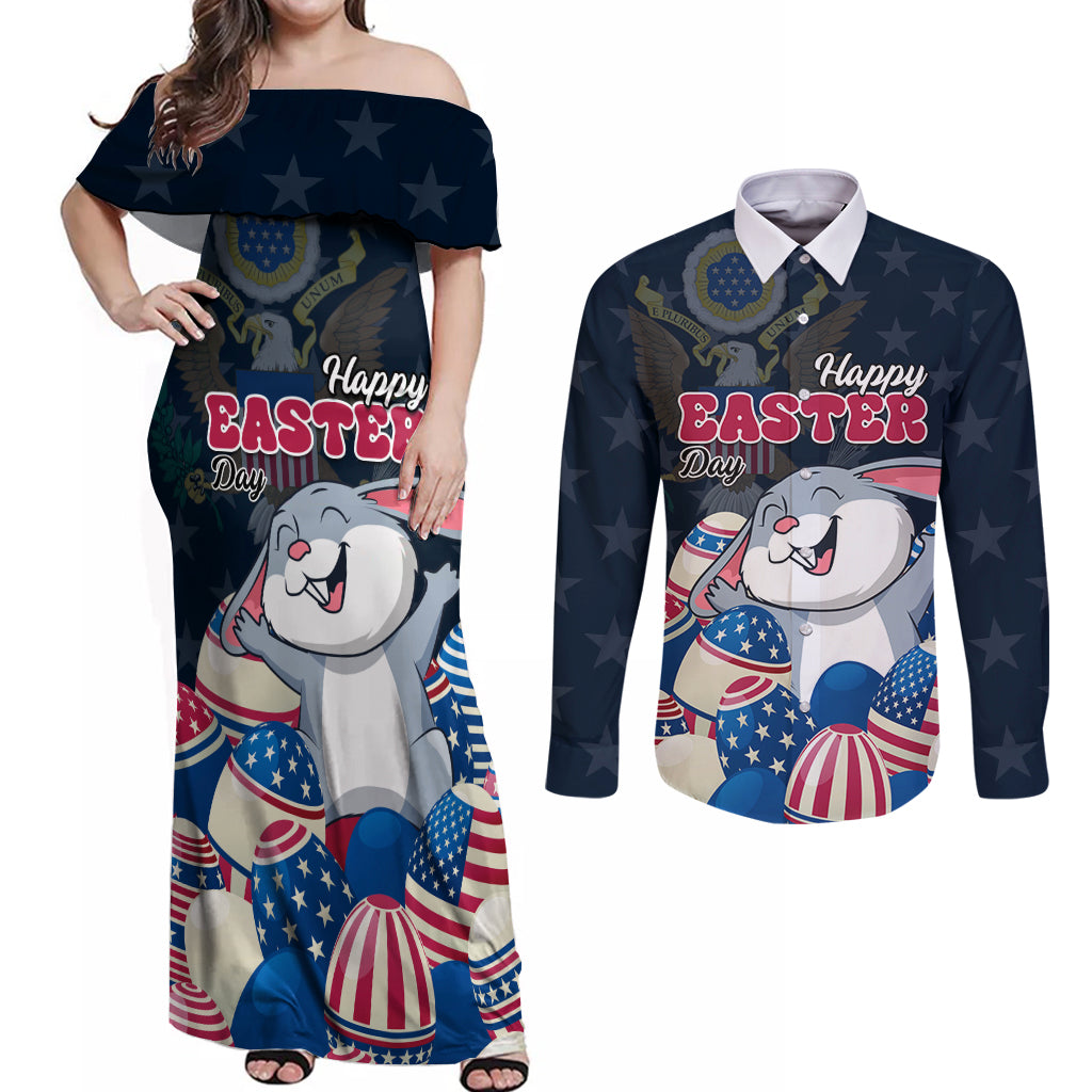 American Easter Day 2024 Couples Matching Off Shoulder Maxi Dress and Long Sleeve Button Shirt Bunny With US Easter Eggs - Wonder Print Shop