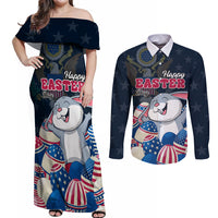American Easter Day 2024 Couples Matching Off Shoulder Maxi Dress and Long Sleeve Button Shirt Bunny With US Easter Eggs - Wonder Print Shop