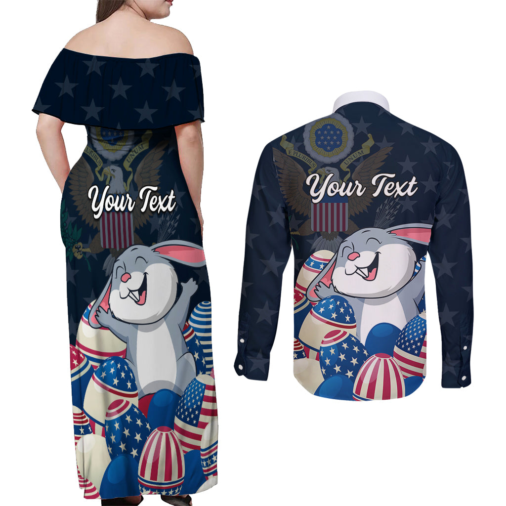 American Easter Day 2024 Couples Matching Off Shoulder Maxi Dress and Long Sleeve Button Shirt Bunny With US Easter Eggs - Wonder Print Shop