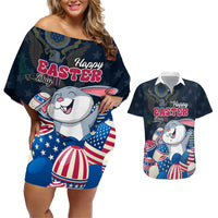American Easter Day 2024 Couples Matching Off Shoulder Short Dress and Hawaiian Shirt Bunny With US Easter Eggs - Wonder Print Shop