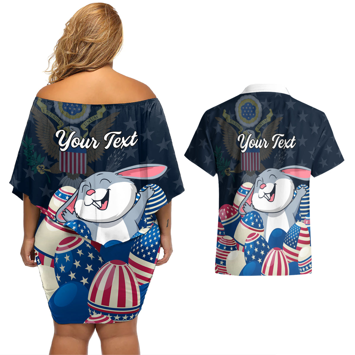 American Easter Day 2024 Couples Matching Off Shoulder Short Dress and Hawaiian Shirt Bunny With US Easter Eggs - Wonder Print Shop