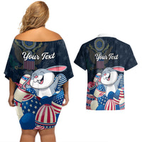 American Easter Day 2024 Couples Matching Off Shoulder Short Dress and Hawaiian Shirt Bunny With US Easter Eggs - Wonder Print Shop