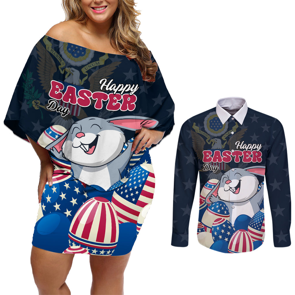 American Easter Day 2024 Couples Matching Off Shoulder Short Dress and Long Sleeve Button Shirt Bunny With US Easter Eggs - Wonder Print Shop