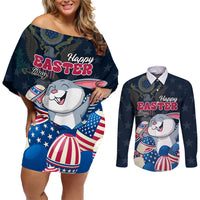 American Easter Day 2024 Couples Matching Off Shoulder Short Dress and Long Sleeve Button Shirt Bunny With US Easter Eggs - Wonder Print Shop