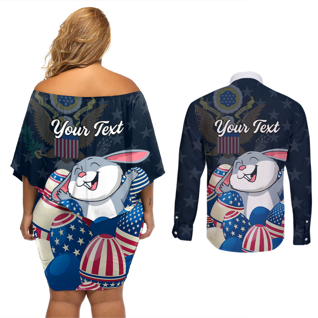 American Easter Day 2024 Couples Matching Off Shoulder Short Dress and Long Sleeve Button Shirt Bunny With US Easter Eggs - Wonder Print Shop