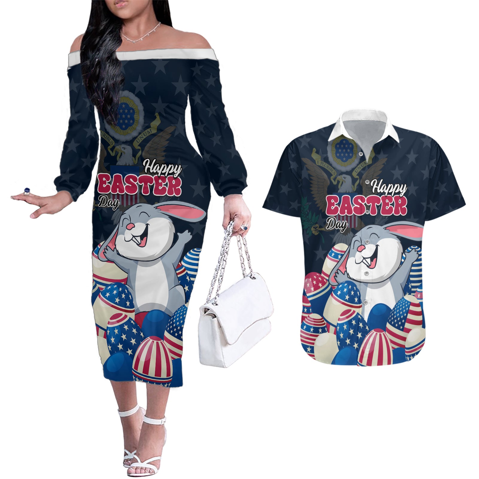 American Easter Day 2024 Couples Matching Off The Shoulder Long Sleeve Dress and Hawaiian Shirt Bunny With US Easter Eggs - Wonder Print Shop