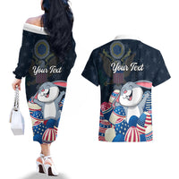 American Easter Day 2024 Couples Matching Off The Shoulder Long Sleeve Dress and Hawaiian Shirt Bunny With US Easter Eggs - Wonder Print Shop