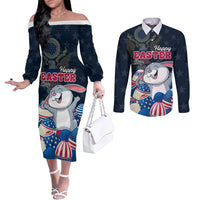 American Easter Day 2024 Couples Matching Off The Shoulder Long Sleeve Dress and Long Sleeve Button Shirt Bunny With US Easter Eggs