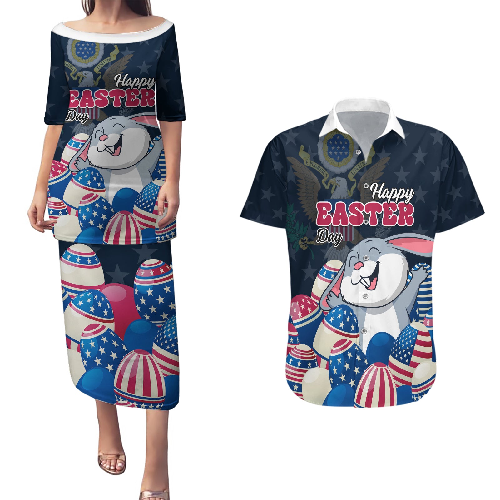 American Easter Day 2024 Couples Matching Puletasi and Hawaiian Shirt Bunny With US Easter Eggs - Wonder Print Shop