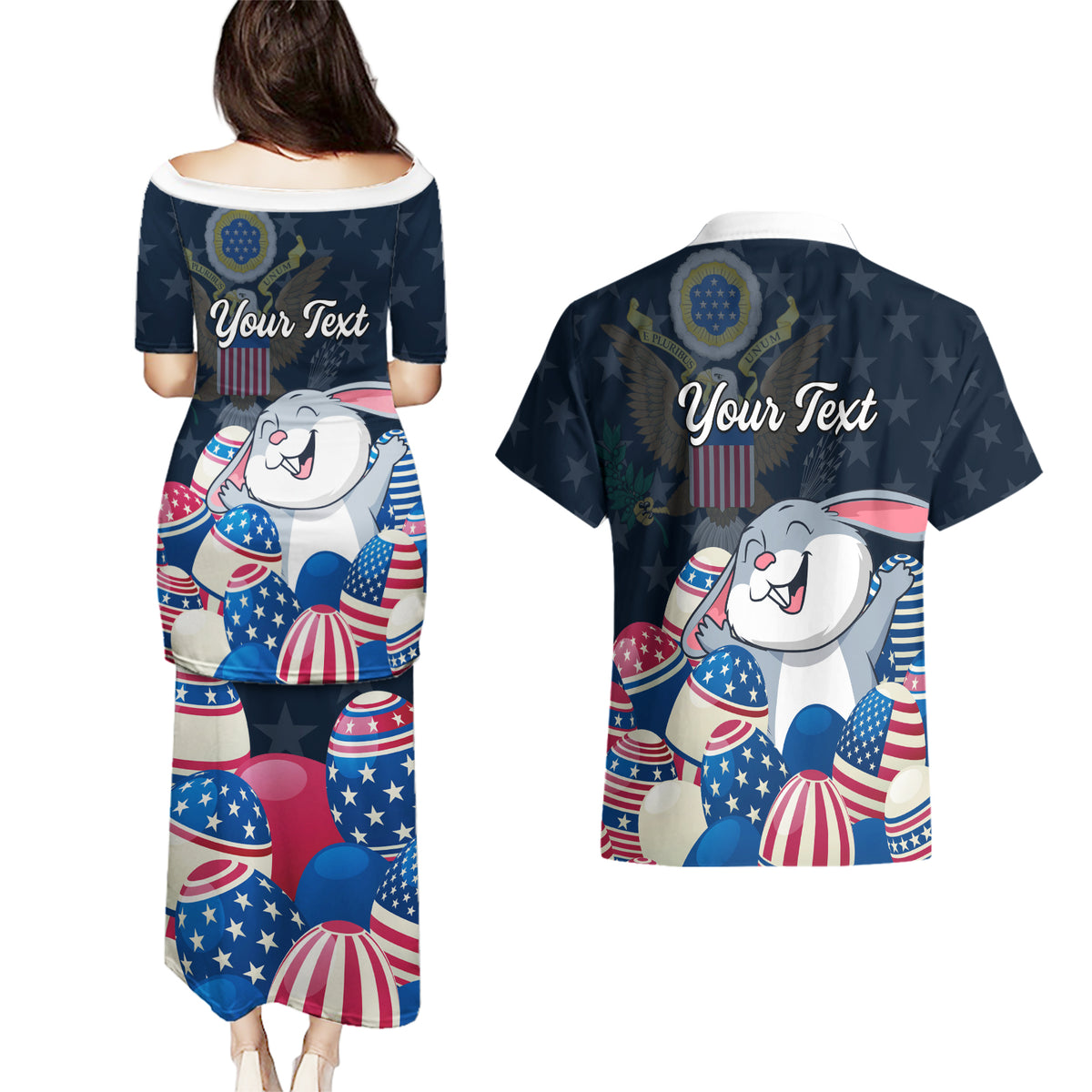 American Easter Day 2024 Couples Matching Puletasi and Hawaiian Shirt Bunny With US Easter Eggs - Wonder Print Shop